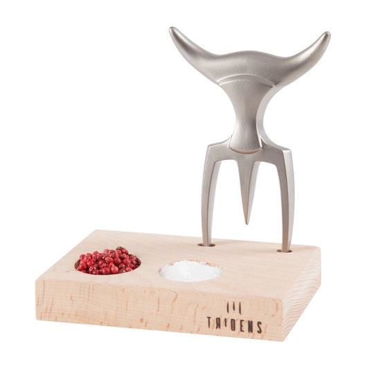 Fourchette Tridens Brut ( raw) en acier inoxydable, 6,5 pouces avec base en bois de hêtre permettant un rangement facile