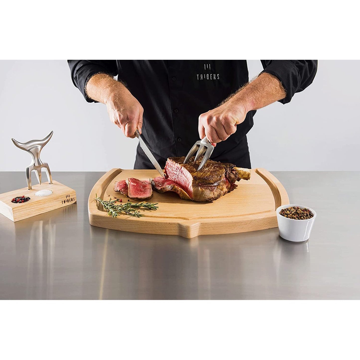 Fourchette Tridens Brut ( raw) en acier inoxydable, 6,5 pouces avec base en bois de hêtre permettant un rangement facile